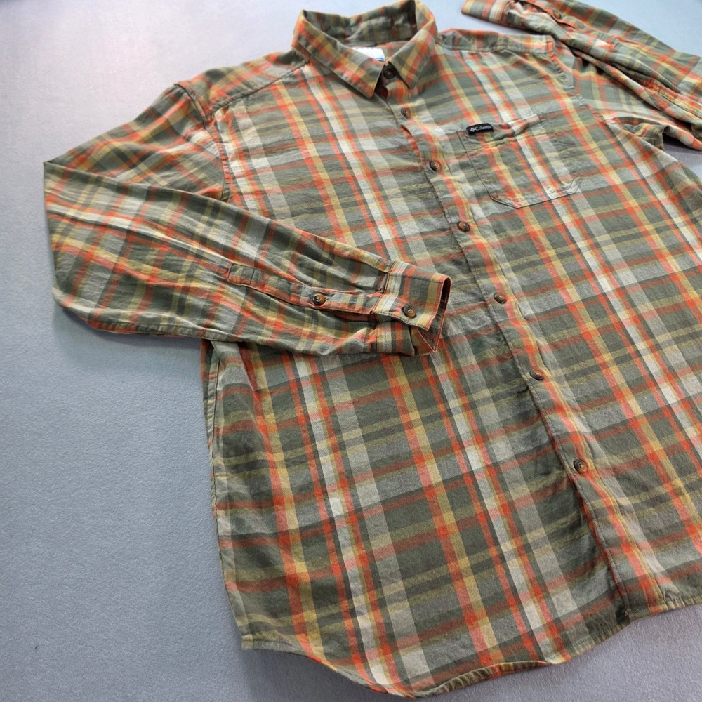 Columbia Mens XL Plaid Button Down Shirt Long Sleeve Olive Orange AM8053 Stretch - Picture 2 of 6